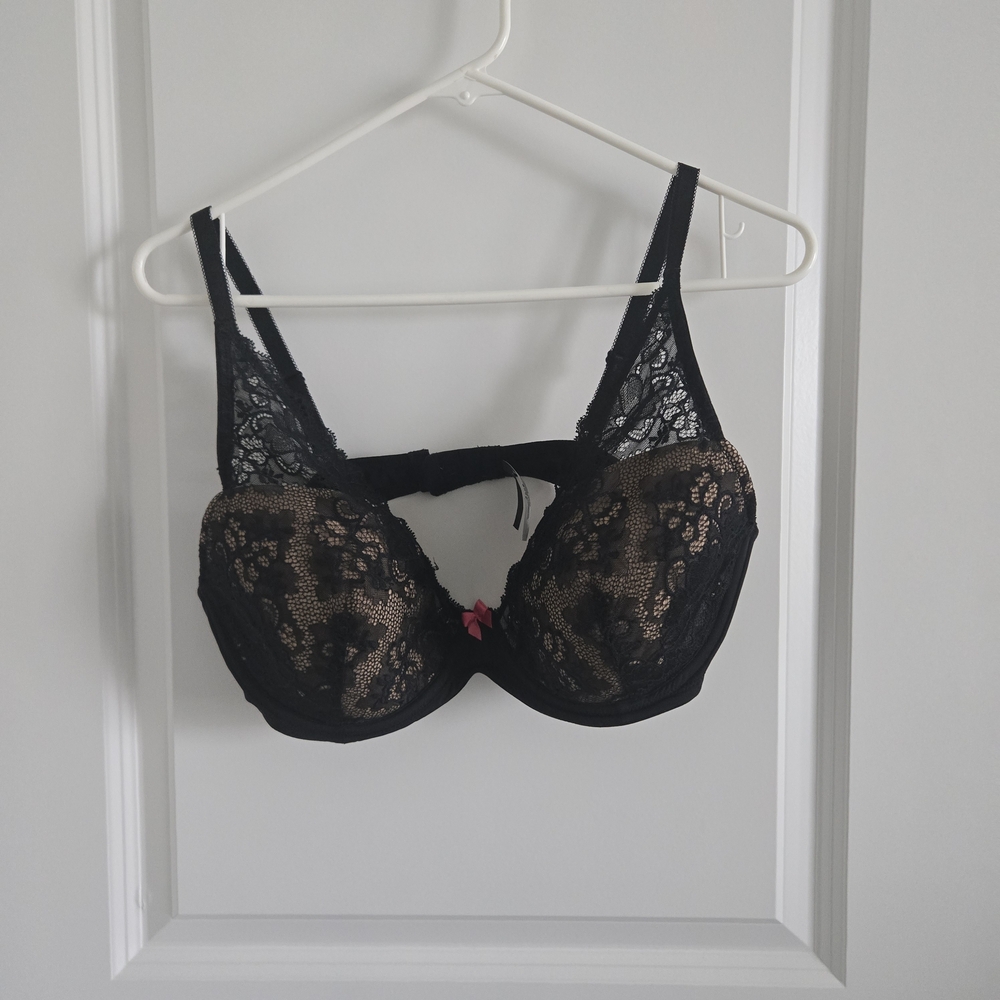 Adore Me Black Lace Bra with Nude Lining and Pink Bow